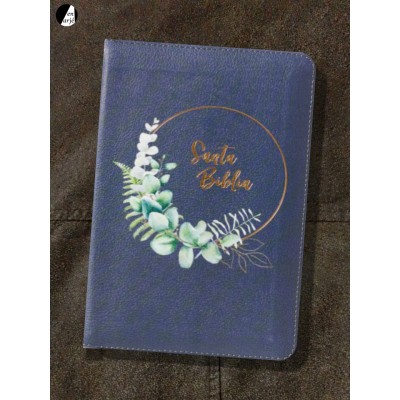 Biblia NBLA Tamaño compacto Imitación piel Azul grisáceo Diseño flores con cierre